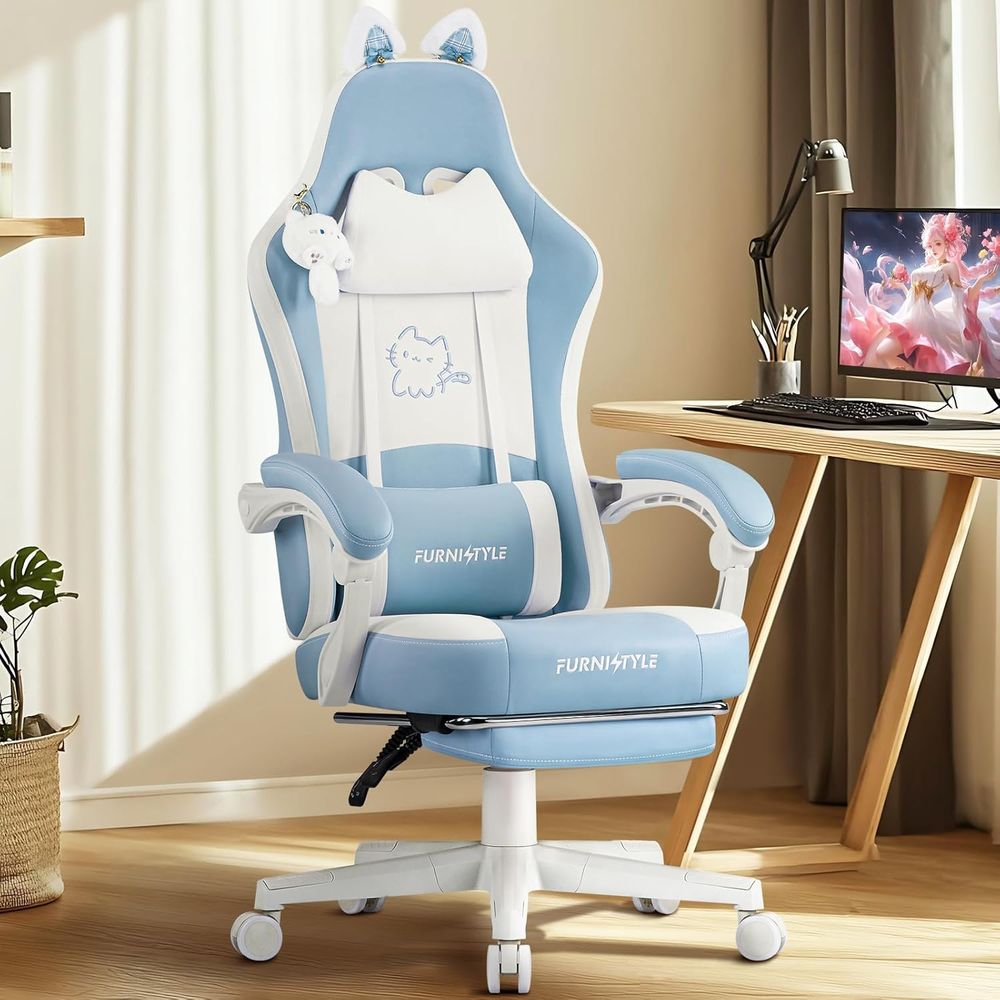 Massage - Ergonomic Blue/White Gaming Chair with Lumbar